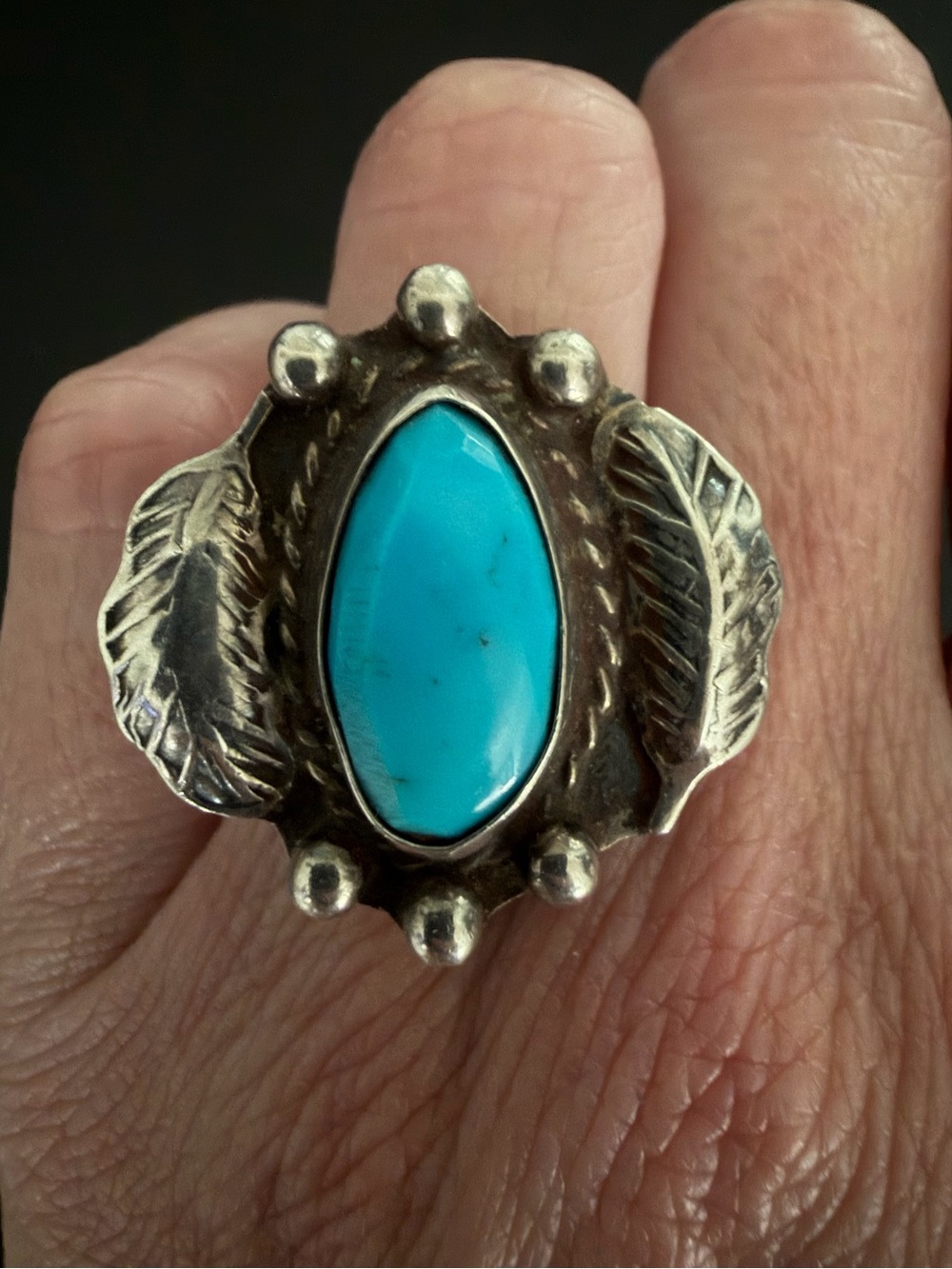 Vintage Navajo Diné Sleeping Beauty Turquoise Sterling Silver Feather Ring 6